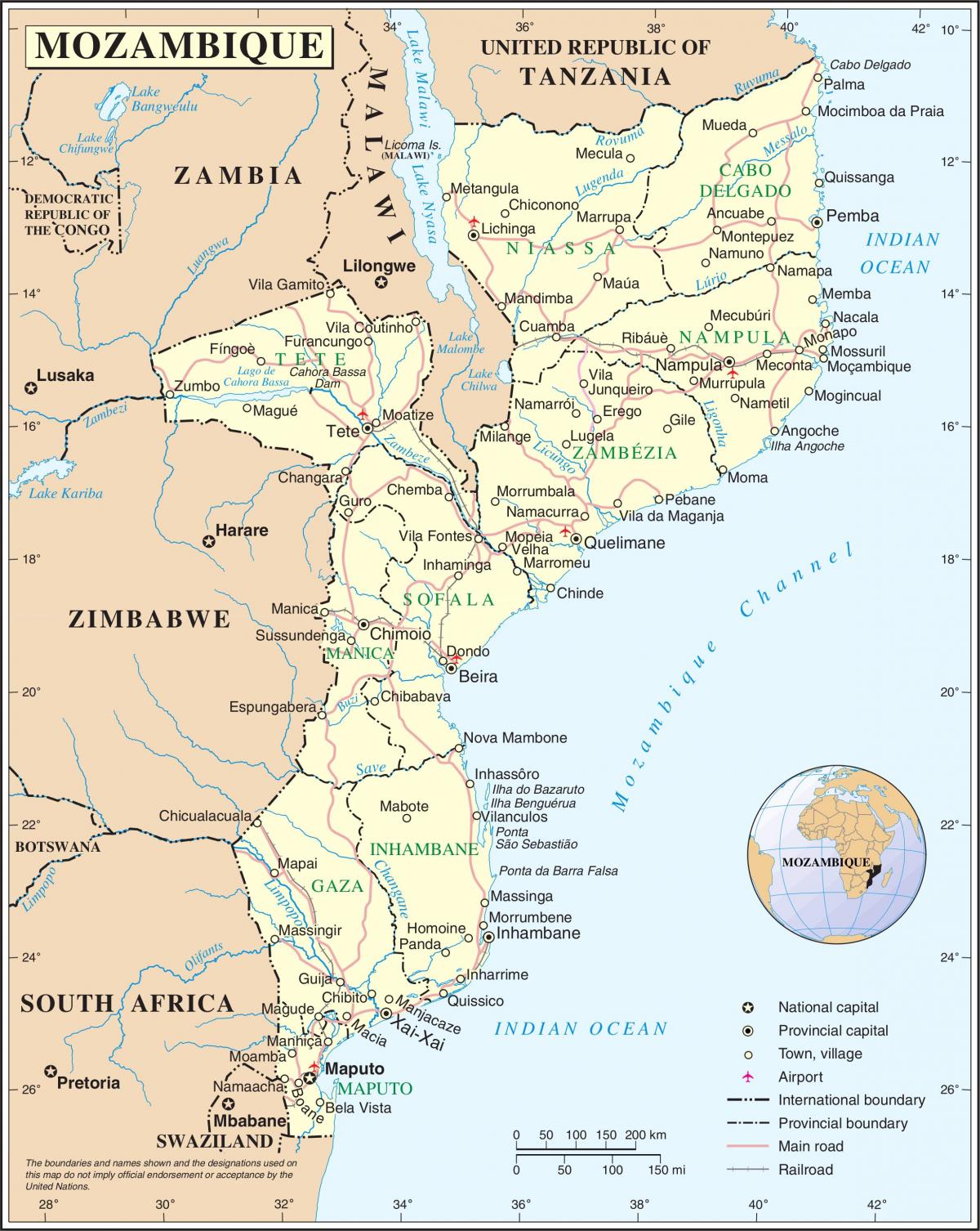 нисэх онгоцны буудал Мозамбик дахь газрын зураг дээр